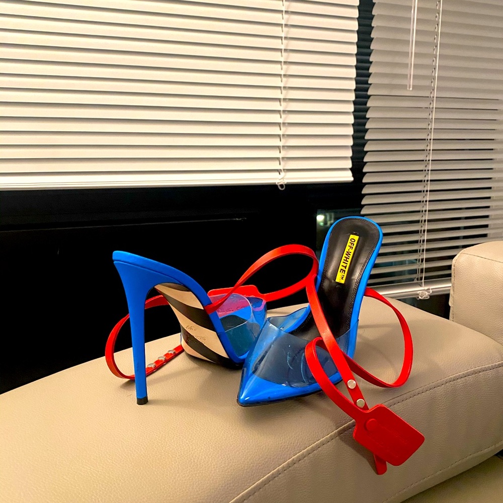 Off White PVC tag strap heels